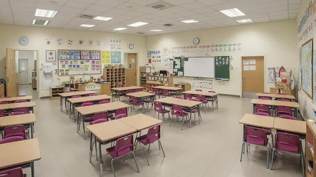 Animation empty school or university classroom with big chalkboard, Big empty classroom at modern school, Education concept, seamless 4k video background, classroom, footage, 4k footage, videos, 4k