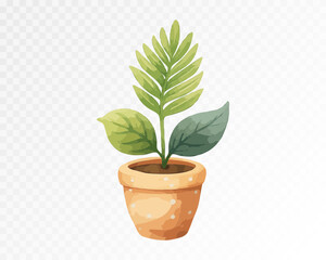 Yellow-green leaves in a rustic terracotta pot, vector illustration, watercolor — Ideal for cozy eco-decor and stylish botanical-themed creative projects.