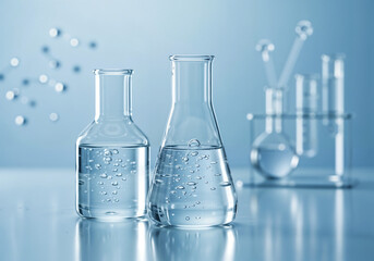 Scientific laboratory glassware with molecular structure illustrations representing cosmetic formulation and chemical research