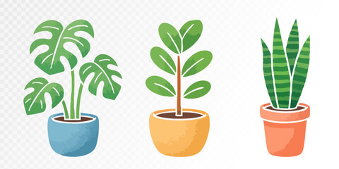 Set of decorative potted plants in stylish containers, vector illustration, watercolor — Ideal for interior and eco-friendly designs.
