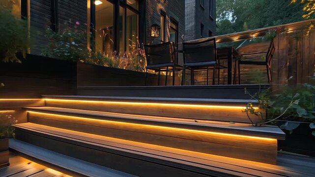Outdoor deck steps with warm lighting and landscaping