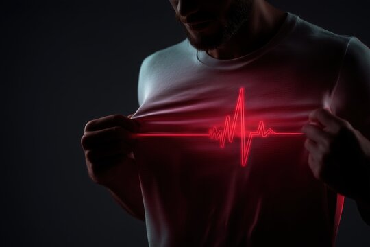 Man pulling his shirt to show a cardiogram line over his heart