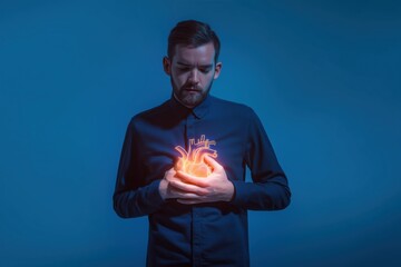 Man holding a glowing heart hologram, a concept for cardiology and tech