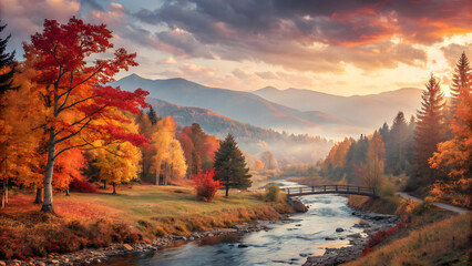 A serene river winds through a vibrant autumn valley with colorful trees and misty mountains at sunrise.