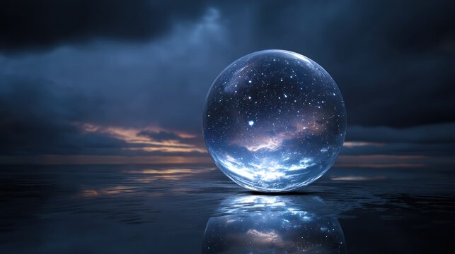 dreamy orb reflecting stars, hovering in a glowing night sky - Powered by Adobe