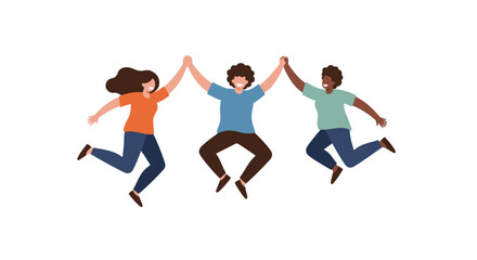 Three people jumping and holding hands