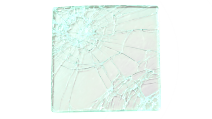 Transparent PNG of Cracked Green Glass, A High-Resolution Image Showing a Rectangular Piece of Green Glass with Extensive Cracks and Shatters on a Transparent Background, Ideal for Overlay Effects and