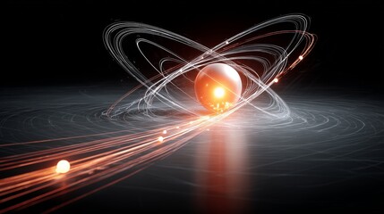 Electrons moving around an atomic nucleus illustrate atomic structure in a vibrant digital representation