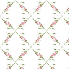 Watercolor pattern of floral lattice, repeating diagonal rosebuds and flowers.