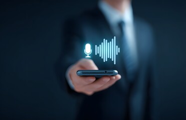 Businessman shows smartphone with glowing microphone icon, voice assistant, podcast and speech recognition concept on dark background with copy space.