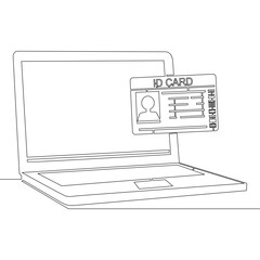 Continuous one single line drawing Laptop with identification ID card icon vector illustration concept