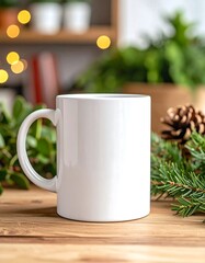 Blank white mug on wooden table with holiday greenery