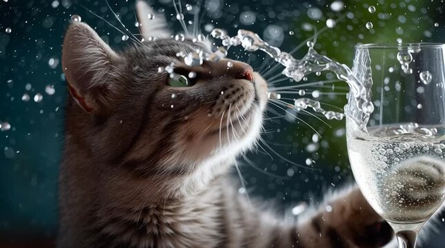Curious cat playfully engages with sparkling water in glass exploding with bubbles