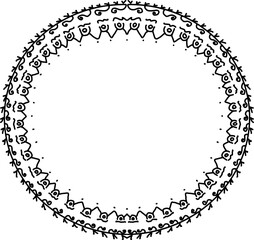 Decorative Hand-Drawn Circle Frame with Ethnic Patterns. Ethnic Doodle Style Round Border. Circular Abstract Ornament Line Art. Vintage Black and White Folk Art Border. Bohemian Symmetrical Circle