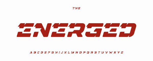 Sporty bold alphabet, futuristic speed sport font with dynamic cutout letters in geometric energetic style. Daring logo type, powerful headline typography, strong typographic design. Vector typeset. © artyway