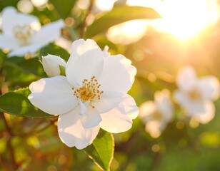 Blossoming white flowers bathed in sunlight