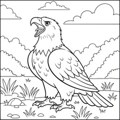 Background featuring a majestic eagle standing proudly on grassy terrain with rocks and plants under a partly cloudy sky in a peaceful natural landscape