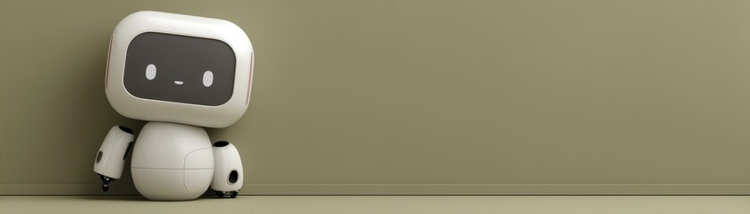 A cute, friendly robot with a simplistic design leans against a green wall, exuding a charming and playful vibe, cute AI robot banner