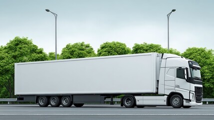 Commercial Delivery Truck with Trailer on Highway: Transportation, Logistics, and Cargo Services Concept