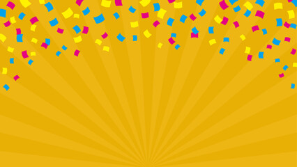 黄色の集中線とカラフルな紙吹雪のポップな背景素材