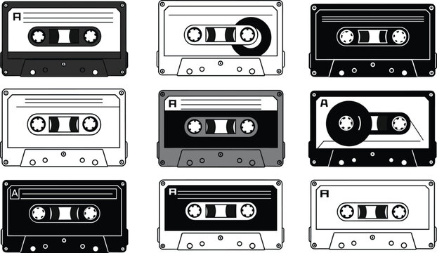 Vintage Retro Audio Cassette Tapes Music Media Graphic Art Collection Flat Vector Illustration Minimalist Style Black and White.