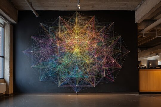 Colorful thread art installation in modern office lobby