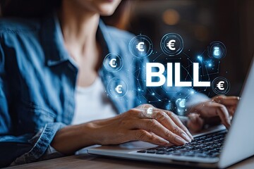 Woman working on a laptop, with the word "BILL" displayed digitally