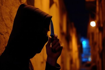 Silhouette of a hooded man with a knife in a night alley