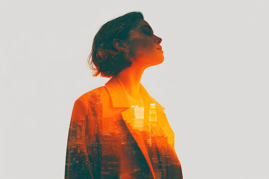 Bright color editorial portrait: Contemplative woman looks up, lost in reverie with city vibrant pulse mirroring her emotions