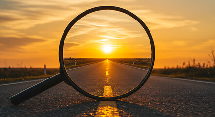 sunset on the road, sunset on the road, Magnifying glass lies on asphalt road during sunset. Conceptual journey, discovery. Through glass, the road stretches into distance, offering a unique focused p
