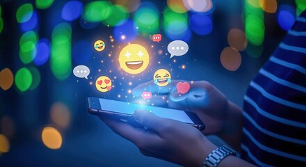Engaged Person Using Phone with Emoji Overlay for Communication, Notifications, and Social Media Marketing Engagement
