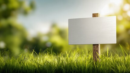 Blank Sign in a Lush Green Field with a Bright Sunny Background Ready for Customization