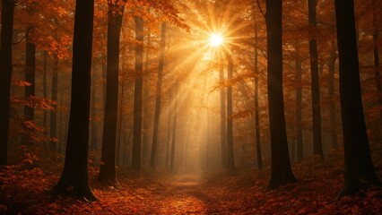 Sunlit autumn forest path tranquility