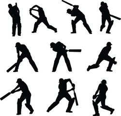 Cricket player silhouette batting poses collection, sports action shadow design, batsman hitting shots, black figure outline, athletic movement, cricket match icons, vector illustration set