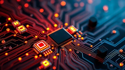 Futuristic microchips embedded in a circuit board resembling a neural network, radiating energy waves.