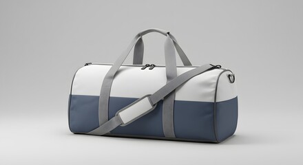 Modern Blue and White Duffle Bag with Shoulder Strap - Isolated on Gray Background