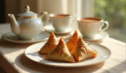 Fototapeta premium Golden samosas and tea, a delightful morning treat.
