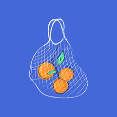 Net Bag with Three Oranges Minimal Vector Illustration for Posters, Ads, and Packaging. Sitka with tangerines Winter New Year