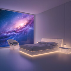 A minimalist bedroom with a large window looking out onto a swirling galaxy, and furniture that appears to be made of stardust