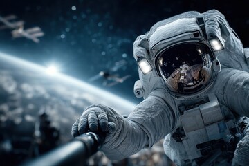 An astronaut exploring space near Earth's orbit, with a bright sun in the background.