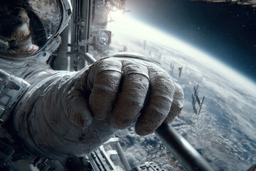 Astronaut's gloved hand gripping a bar during a spacewalk with Earth.