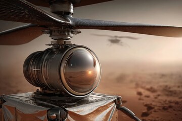 Close-up of a Martian drone's camera and rotor, exploring the red planet's alien landscape.