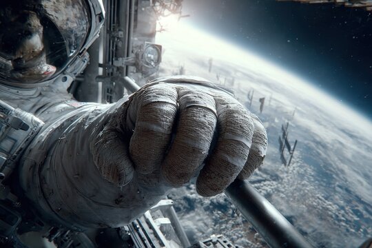 Astronaut's gloved hand gripping a bar during a spacewalk with Earth.