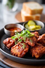 Fototapeta premium Delicious plate of Nashville hot chicken garnished with pickles and bread prepared to serve