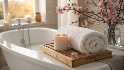 Relaxing spa bathroom with a filled bathtub lit candle and fresh flowers