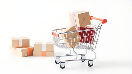 Online shopping concept with a full cart and packages on a clean white surface.