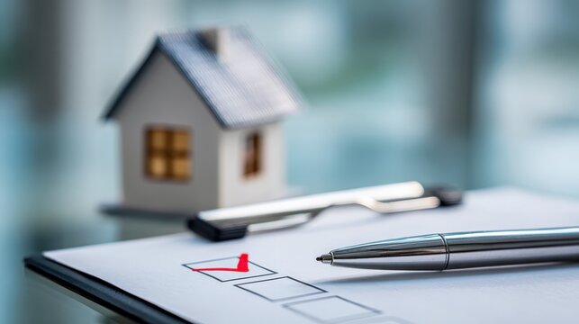 Home purchase checklist: completed form with a house model and pen to finalize buying process