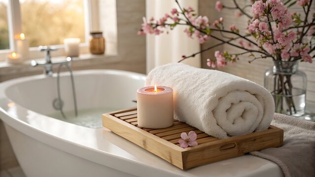 Relaxing spa bathroom with a filled bathtub lit candle and fresh flowers - Powered by Adobe