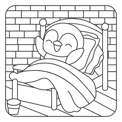 Cute Penguin Waking Up in Bed Line Art