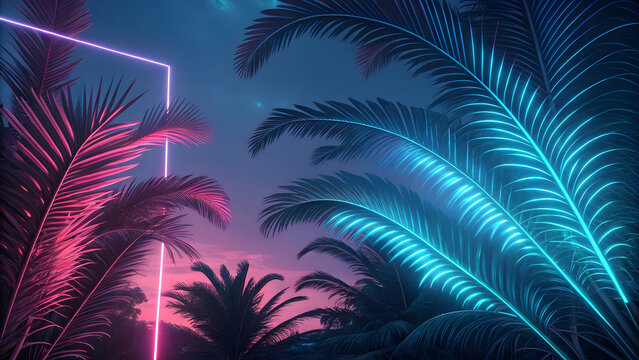 Vibrant pink and cyan neon lights illuminate tropical palm fronds in a retro-futuristic landscape.